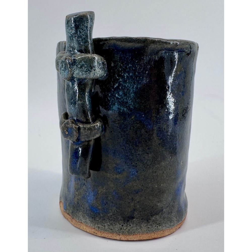 Handmade Ceramic Mug Dark Blue Glaze Textured Handle Pottery Drinkware Bamboo - Picture 5 of 13